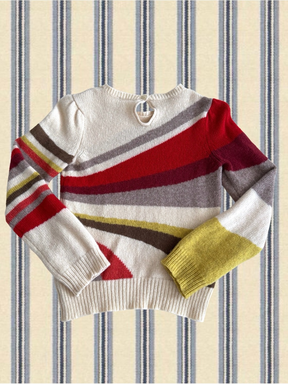 J. Crew Cream Crewneck Sweater with Red, Maroon, Yellow & Brown Stripes - Picture 7 of 7